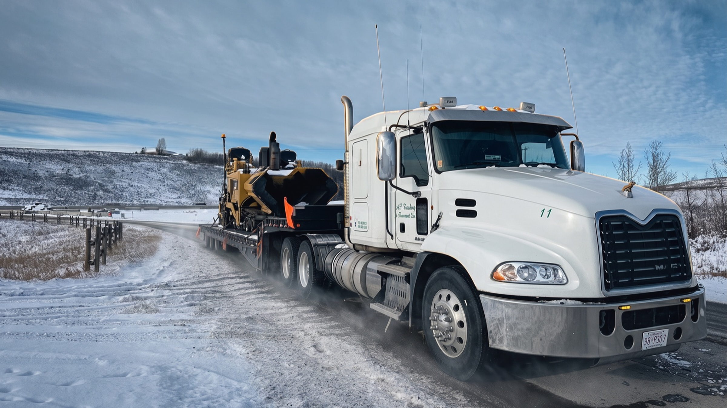 A.F. Trucking & Transport white Mack tractor hitched to a loaded step deck at first light